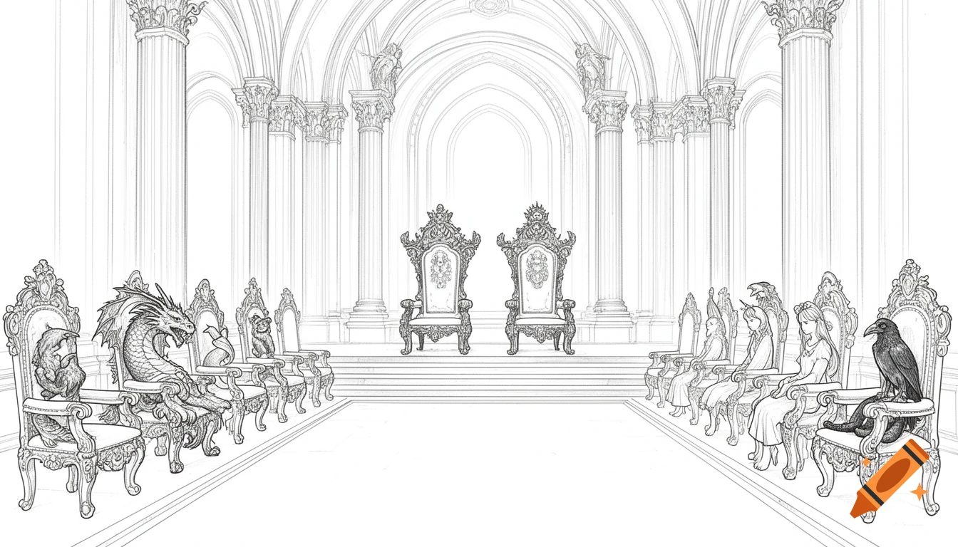 Line art of a grand throne room with two main thrones and rows of ornate chairs occupied by a dragon, dolphin, bear, crow, and children.