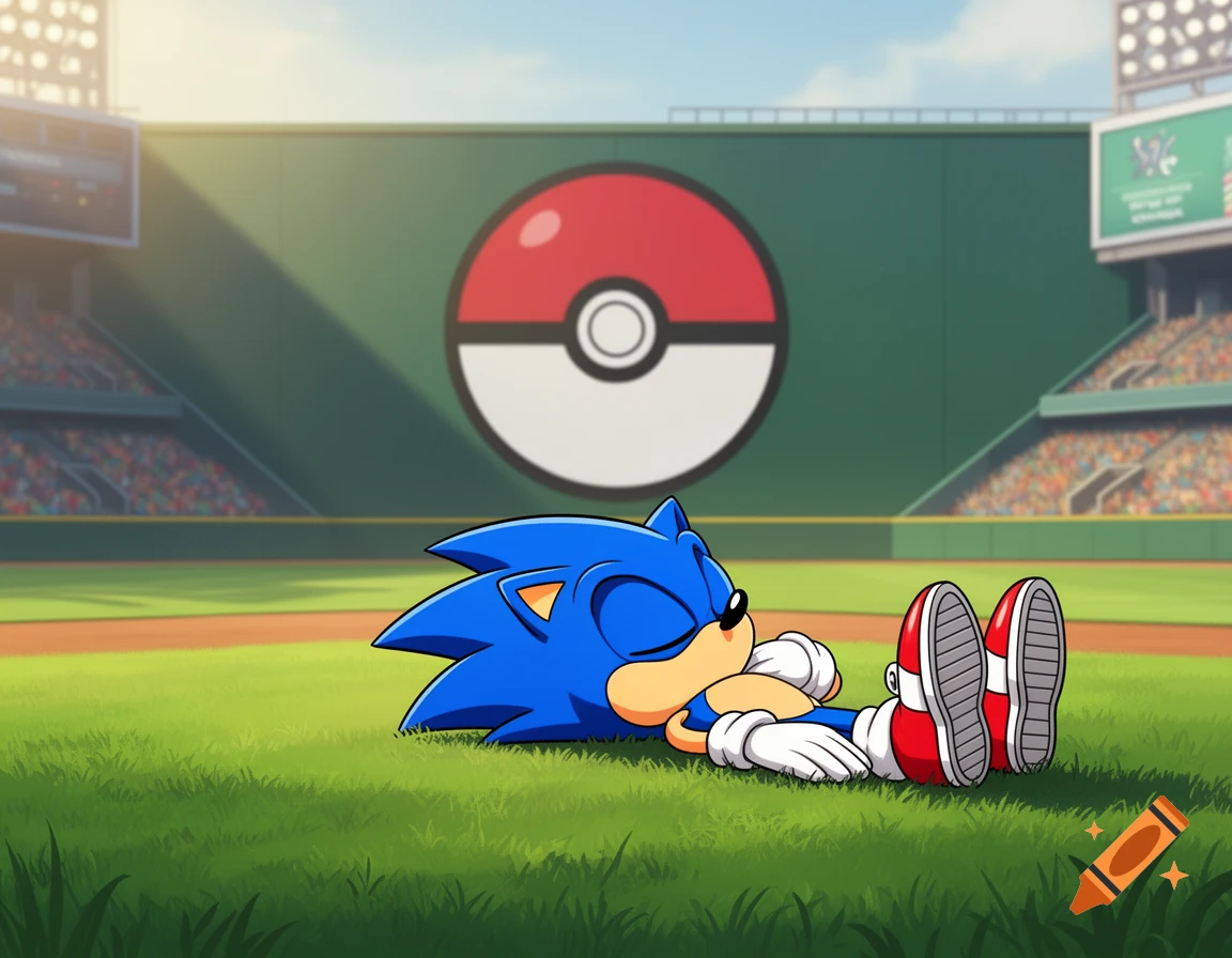 Cartoon Sonic the Hedgehog sleeping on the grass of a baseball field with a large Pokemon ball on the wall.