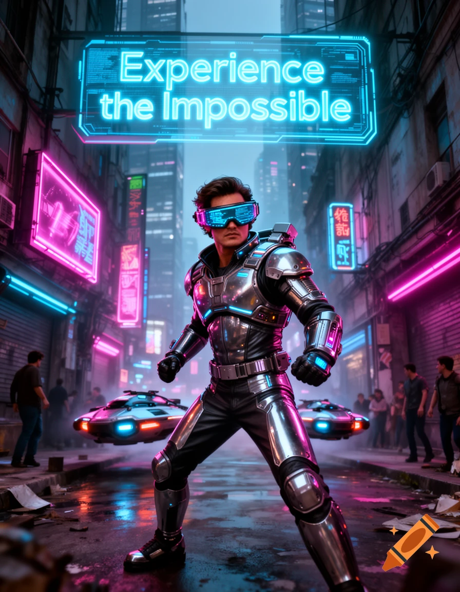 A man in futuristic armor and VR goggles stands in a neon-lit cyberpunk city alley with flying cars and a sign 'Experience the Impossible'.