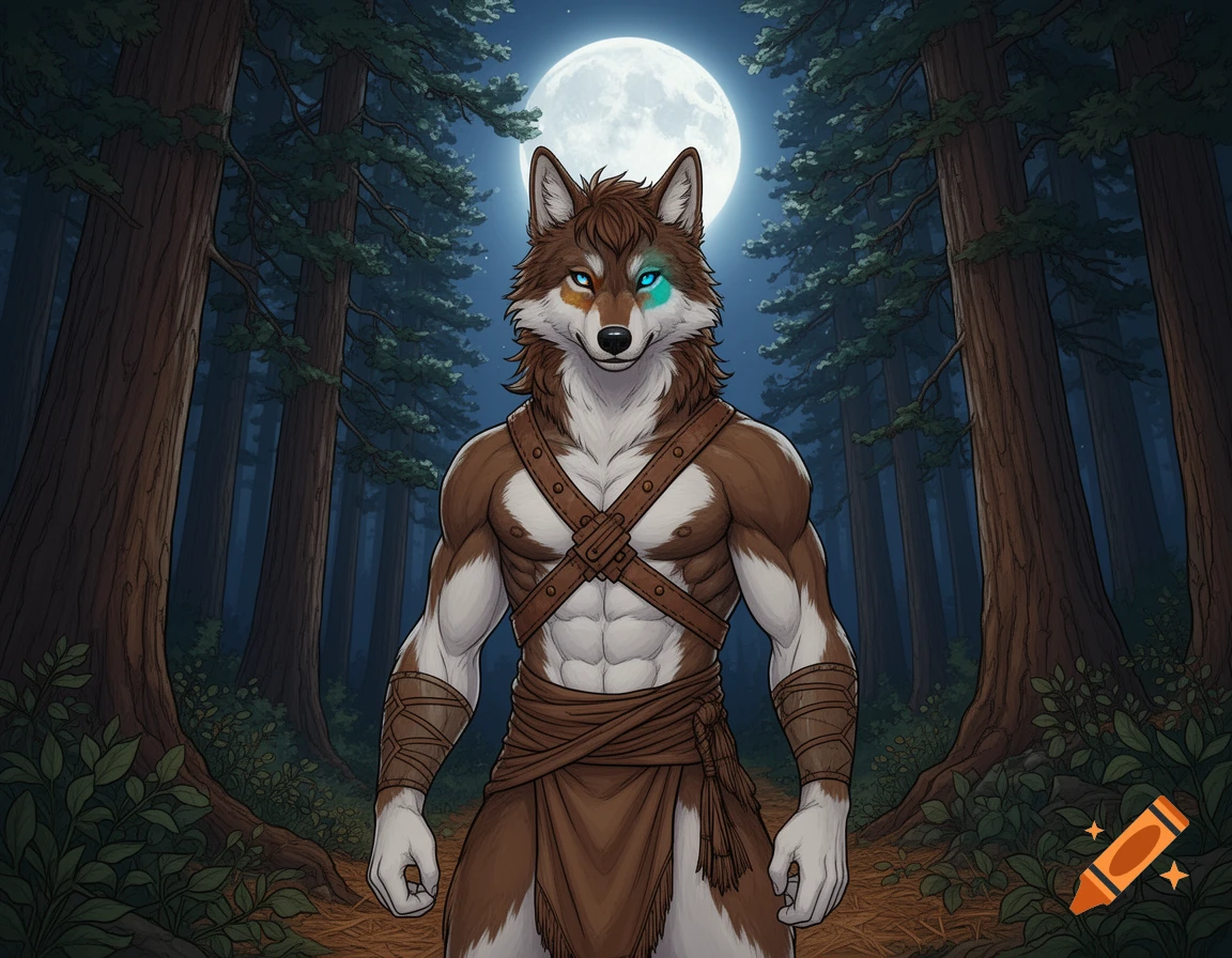 A muscular anthropomorphic wolf warrior with heterochromatic eyes, dressed in leather, stands in a moonlit pine forest. Drawn style.