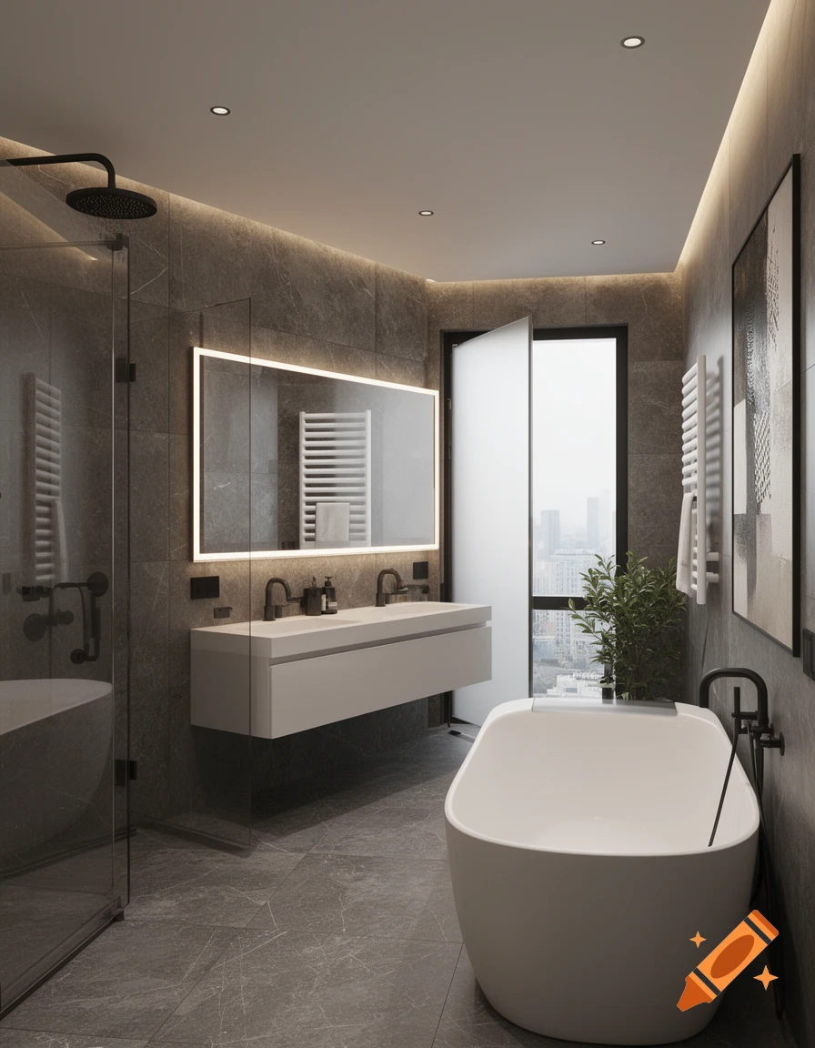 Modern bathroom with grey tiles, a white floating double vanity, a freestanding white tub, and a glass shower.
