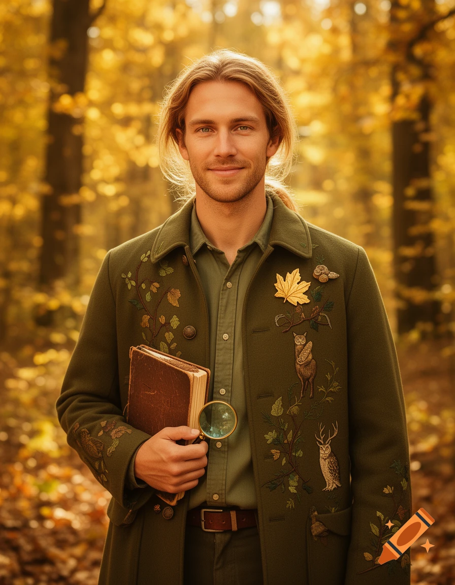A man with long golden hair, wearing an embroidered green coat, holding a book and magnifying glass in an autumnal forest.