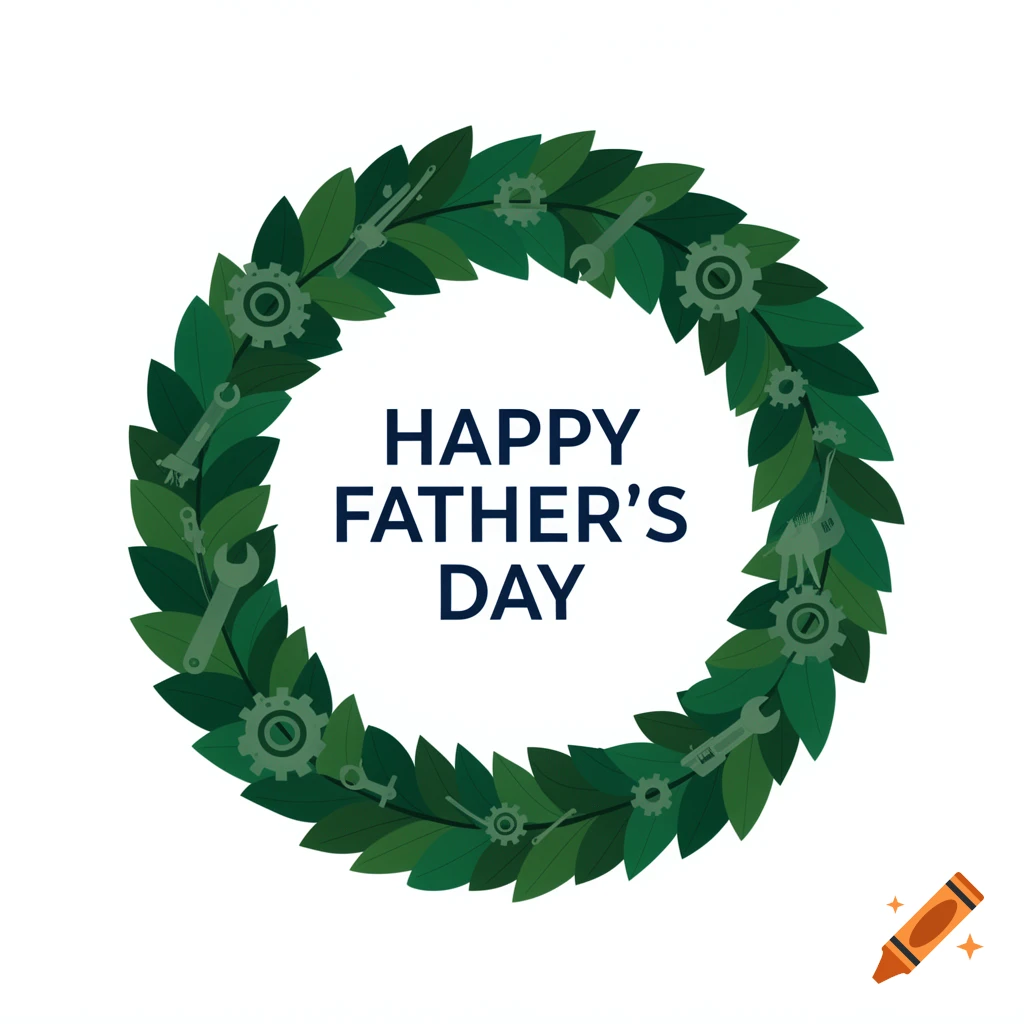 A green leaf wreath adorned with various tools like wrenches and gears, encircling the text 'HAPPY FATHER'S DAY' on a white background, in a vector style.