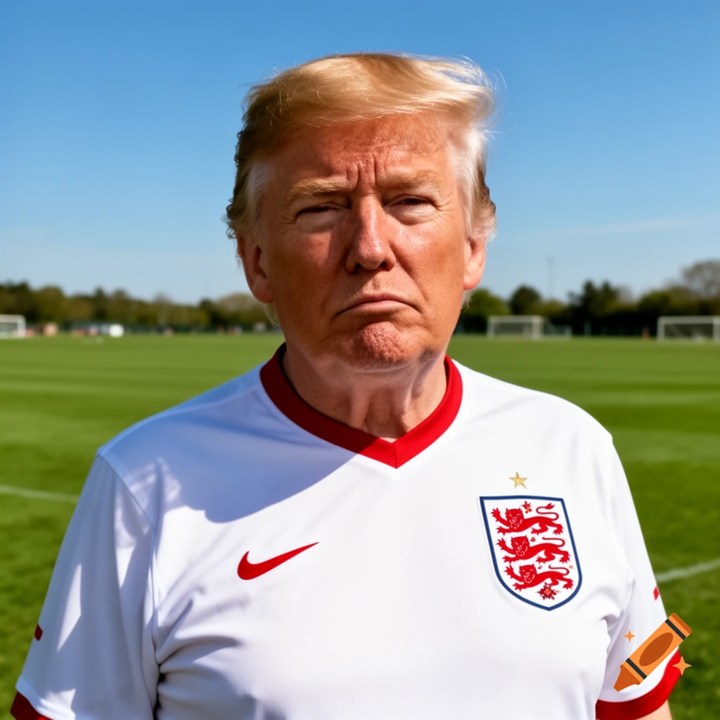 Donald Trump looks serious while wearing a white England soccer jersey on a sunny green field.