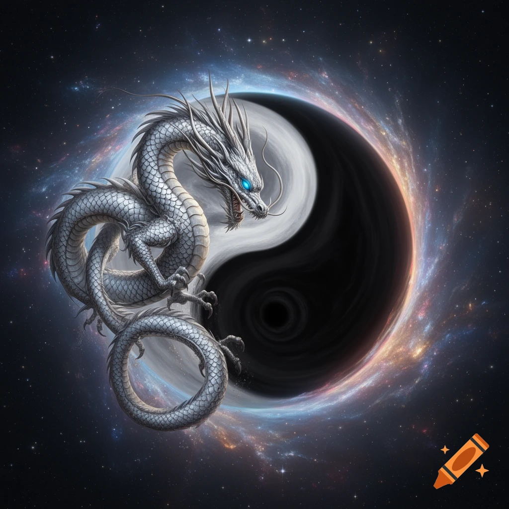 A silver dragon with glowing blue eyes coiled around a yin-yang symbol amidst a colorful cosmic background with a black hole effect.