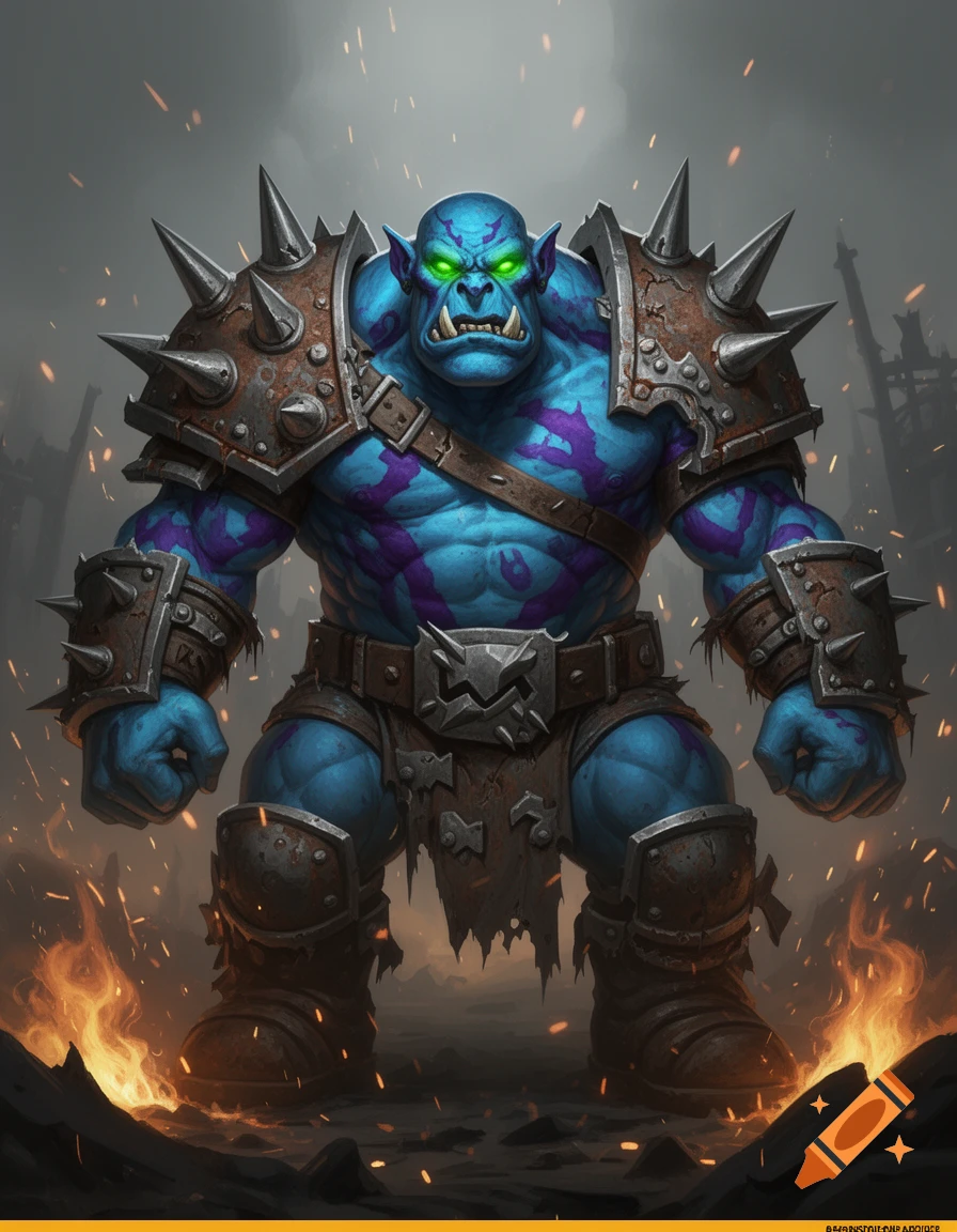 A muscular blue-skinned Ork warboss with glowing green eyes, spiked rusted armor, and purple markings, stands aggressively amidst fire.