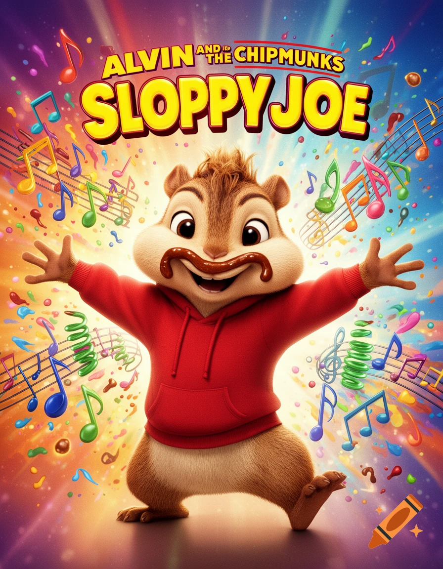 Alvin the Chipmunk in a red hoodie, with a sloppy joe mustache, dances on a colorful movie poster with music notes.