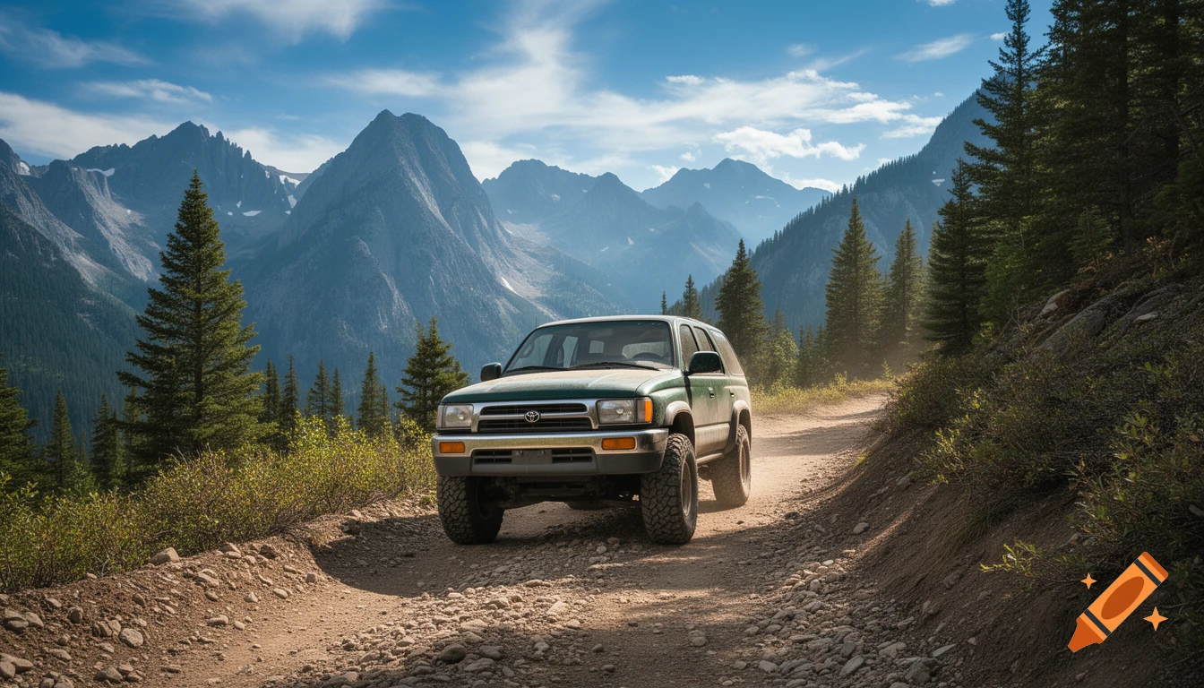 A green 1996 Toyota 4Runner drives on a dusty off-road trail through a mountain forest under a blue sky.