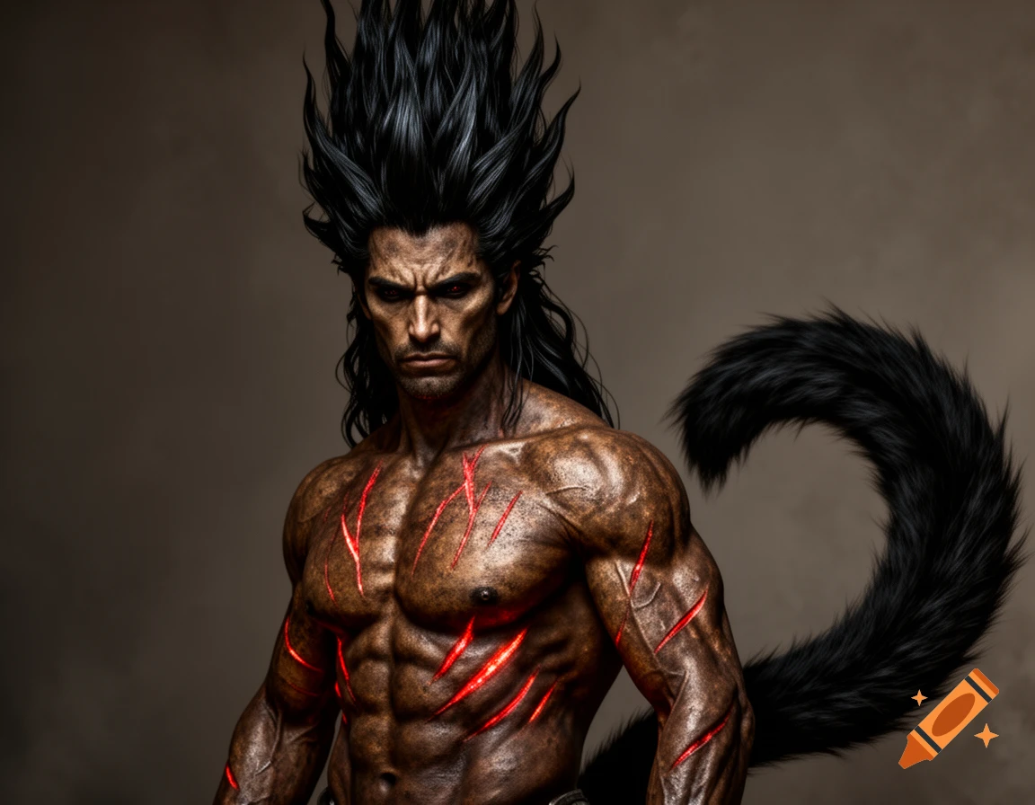 A muscular man with spiky black hair, glowing red scars, and a thick black furred tail, rendered in a photorealistic style.