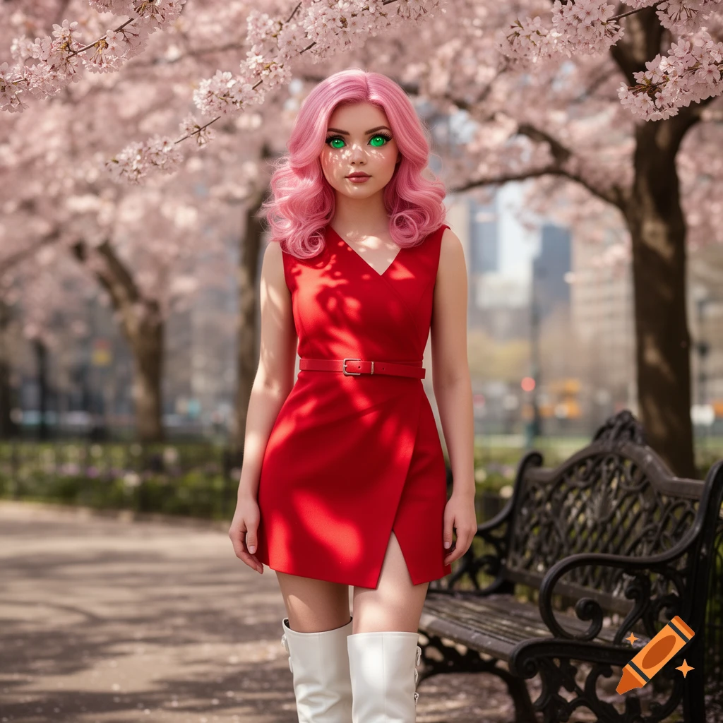 A woman with pink hair and glowing green eyes wears a red dress and white boots, standing on a path under blooming cherry trees in a park.