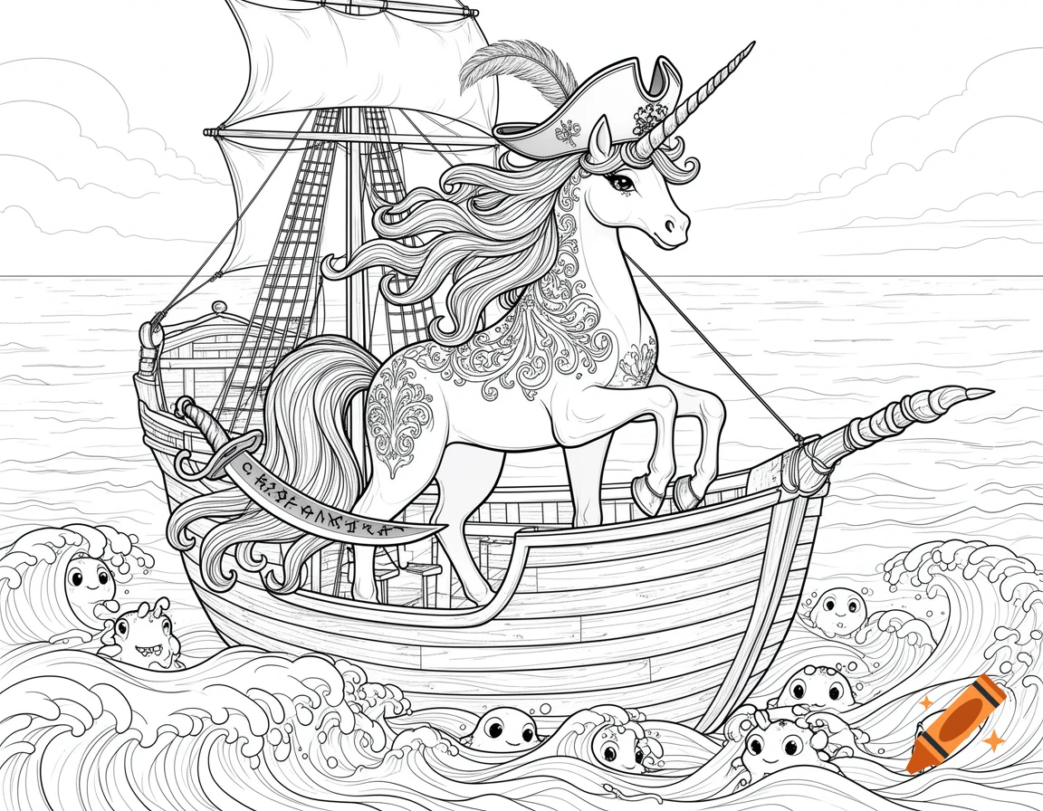 A black and white coloring page showing a majestic unicorn in a pirate hat standing on a sailing ship amid cartoon waves and cheerful sea creatures.