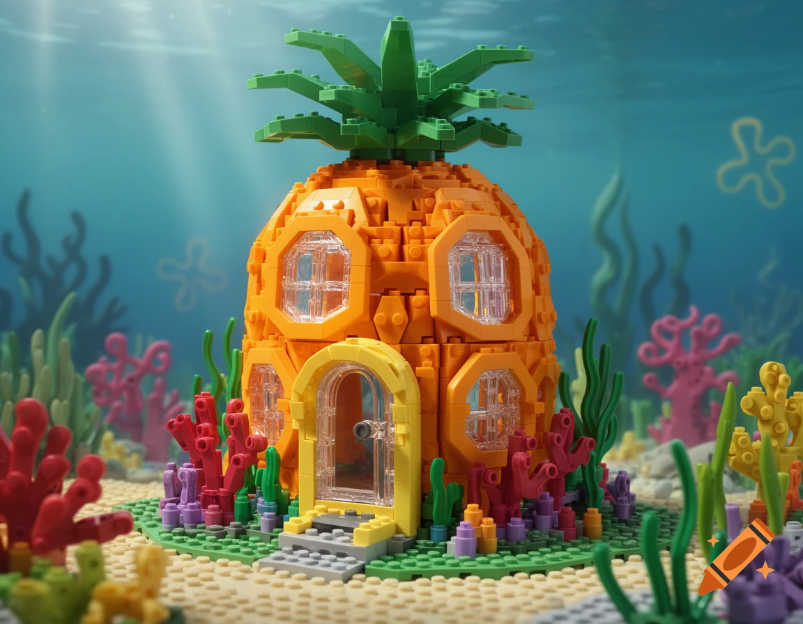 A detailed Lego model of Spongebob's pineapple house sitting on the sandy ocean floor surrounded by colorful coral and seaweed.