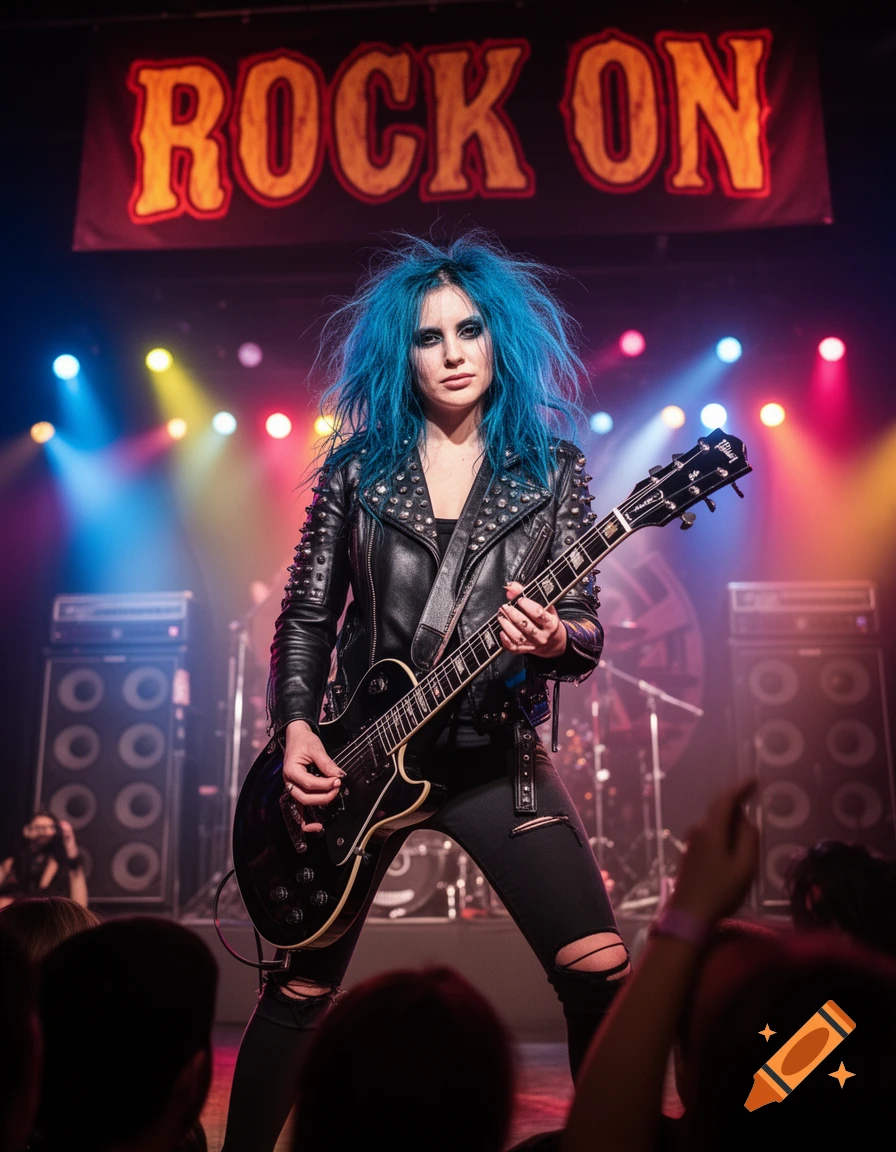 A blue-haired female rock musician in a leather jacket plays an electric guitar on a brightly lit stage with a 'ROCK ON' banner.