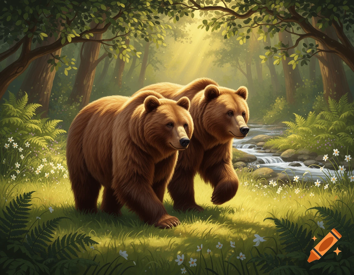 Two brown bears walk through a vibrant, sunlit forest next to a stream with ferns and white flowers, illustrated style.