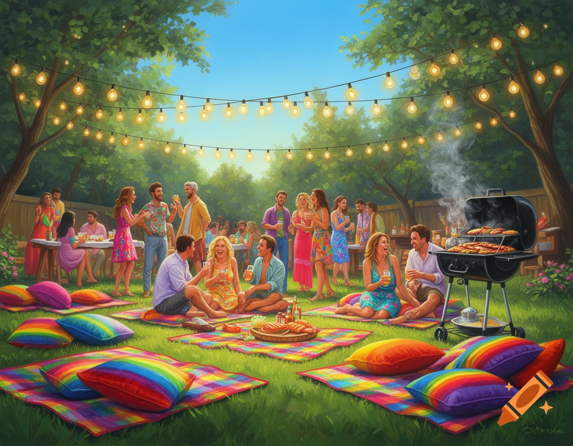 A vibrant backyard BBQ party with many people socializing, enjoying food, and drinks under strings of glowing bulb lights. Colorful picnic blankets and rainbow pillows are spread on the green grass.