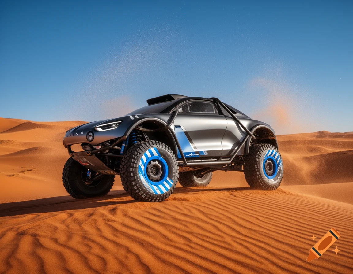 A metallic grey and blue off-road rally car with large tires drives through a vast sandy desert under a clear blue sky.