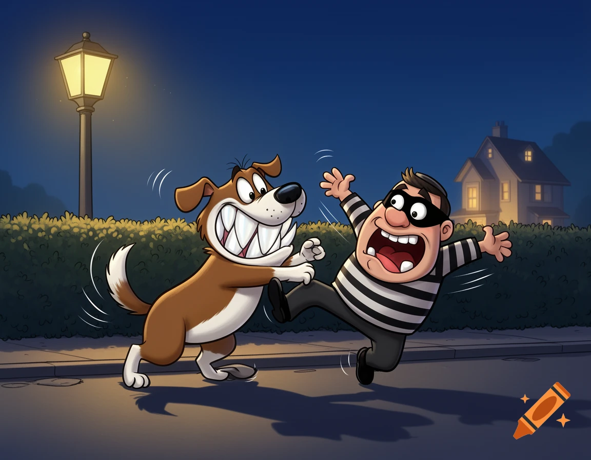 Cartoon dog with big teeth bites a surprised burglar's leg on a street at night.