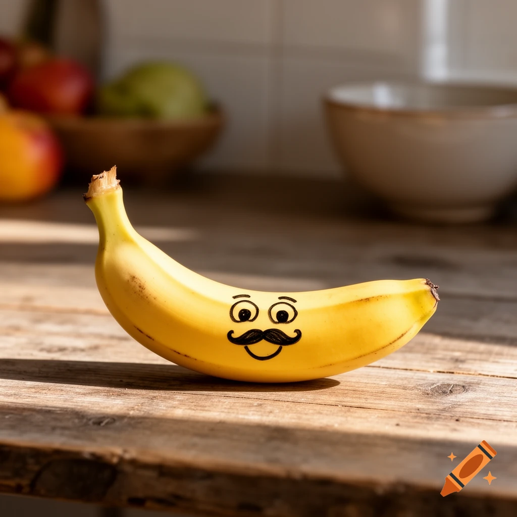 A ripe yellow banana with a drawn cartoon face, featuring wide eyes and a handlebar mustache, sits on a wooden kitchen counter.