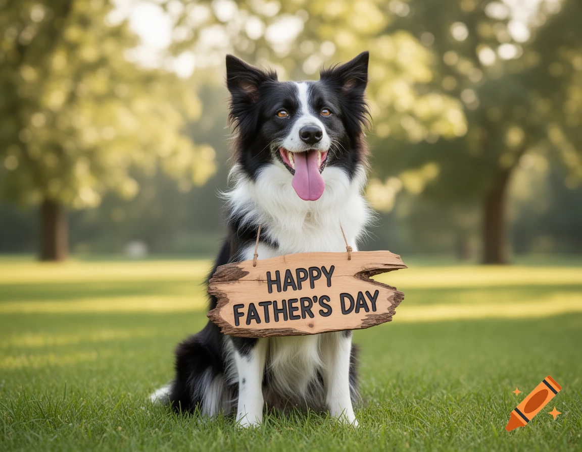 A happy Border Collie dog sits in green grass, holding a wooden sign that reads "HAPPY FATHER'S DAY" in a park.