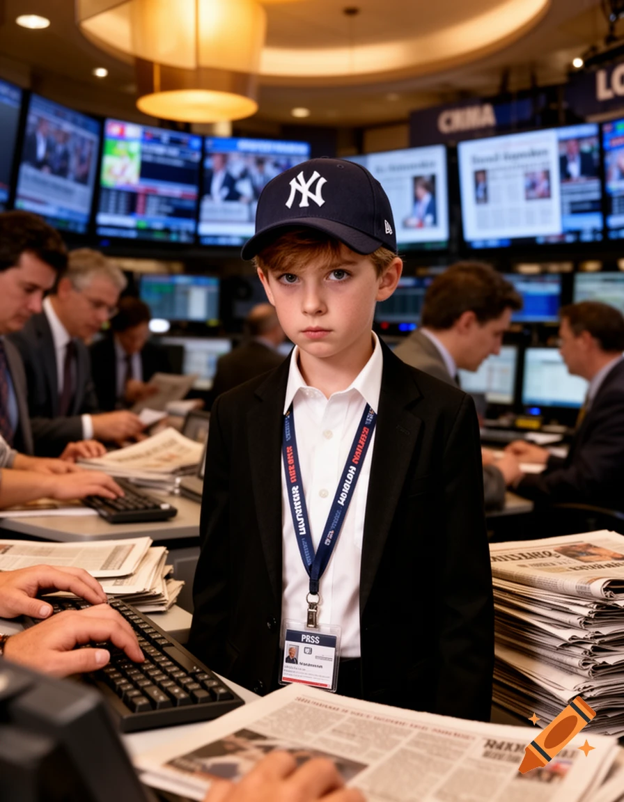 A serious boy in a suit and NY Yankees cap stands in a busy newsroom or trading floor, surrounded by adults and monitors.