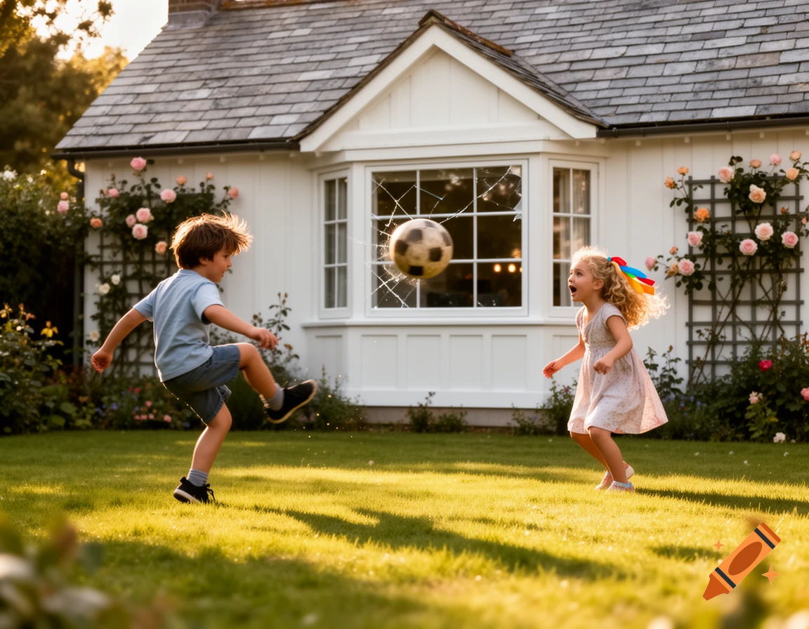 A young boy kicks a soccer ball towards a white house, shattering a window, while a young girl looks on excitedly in a sunny garden.