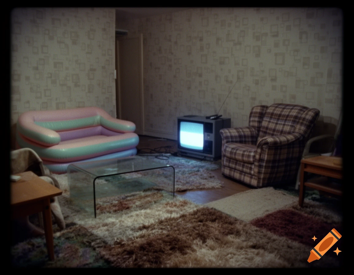 A 90s-style living room with a pink and green inflatable couch, a plaid armchair, a glass table, and an old TV on shaggy rugs.
