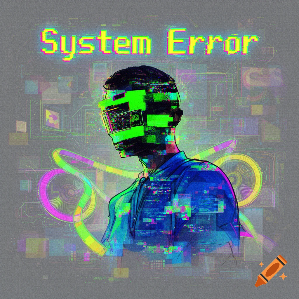 A glitchy digital art illustration of a person with pixelated features and 'System Error' text, in a retro 90s aesthetic.