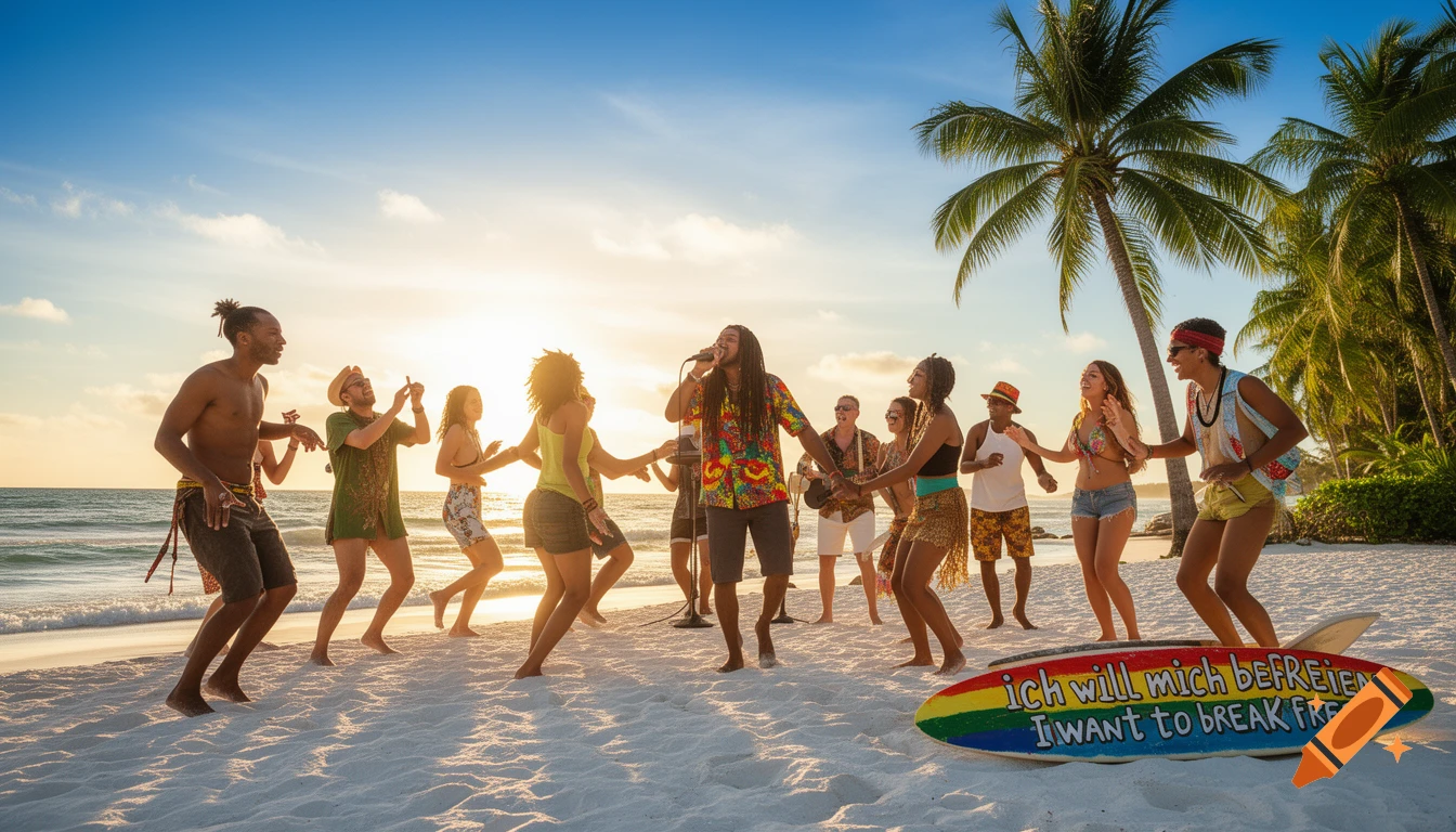 A group of diverse people dancing and singing on a white sand beach at sunset, with palm trees and a surfboard that reads 'I WANT TO BREAK FREE'.