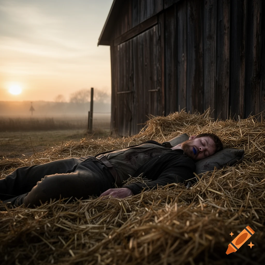 A man with a blue-tinged mouth lies dead on a pile of hay outside a barn at sunrise.