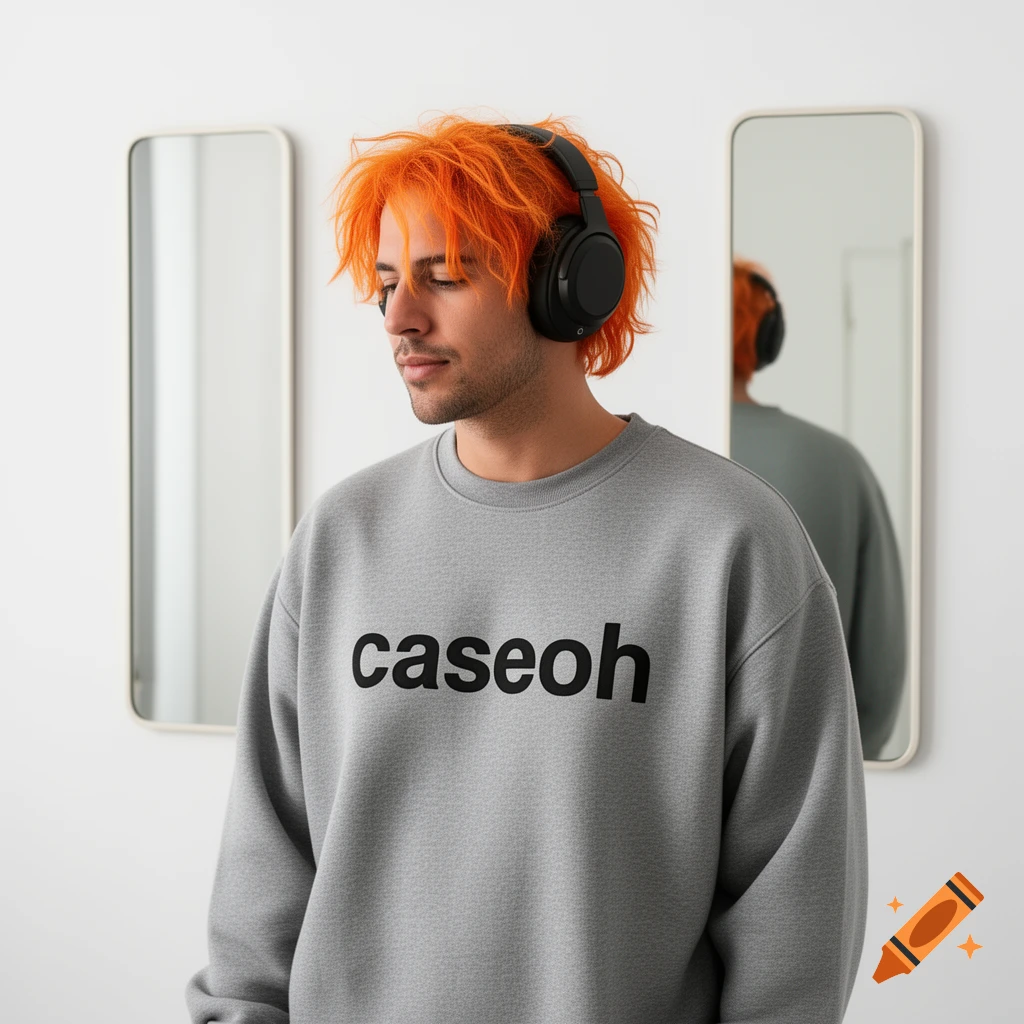 A man with bright orange hair and headphones wears a grey sweatshirt with 'caseoh' text, standing in front of two mirrors.