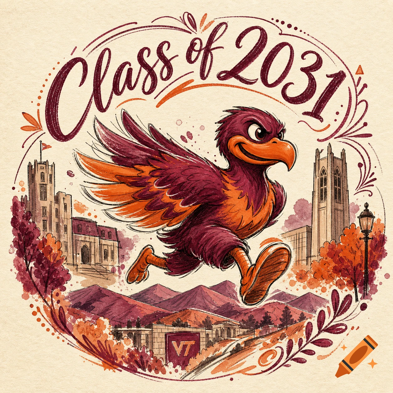 Hand-drawn watercolor illustration of a running bird mascot with "Class of 2031" text, Virginia Tech buildings, and mountains.