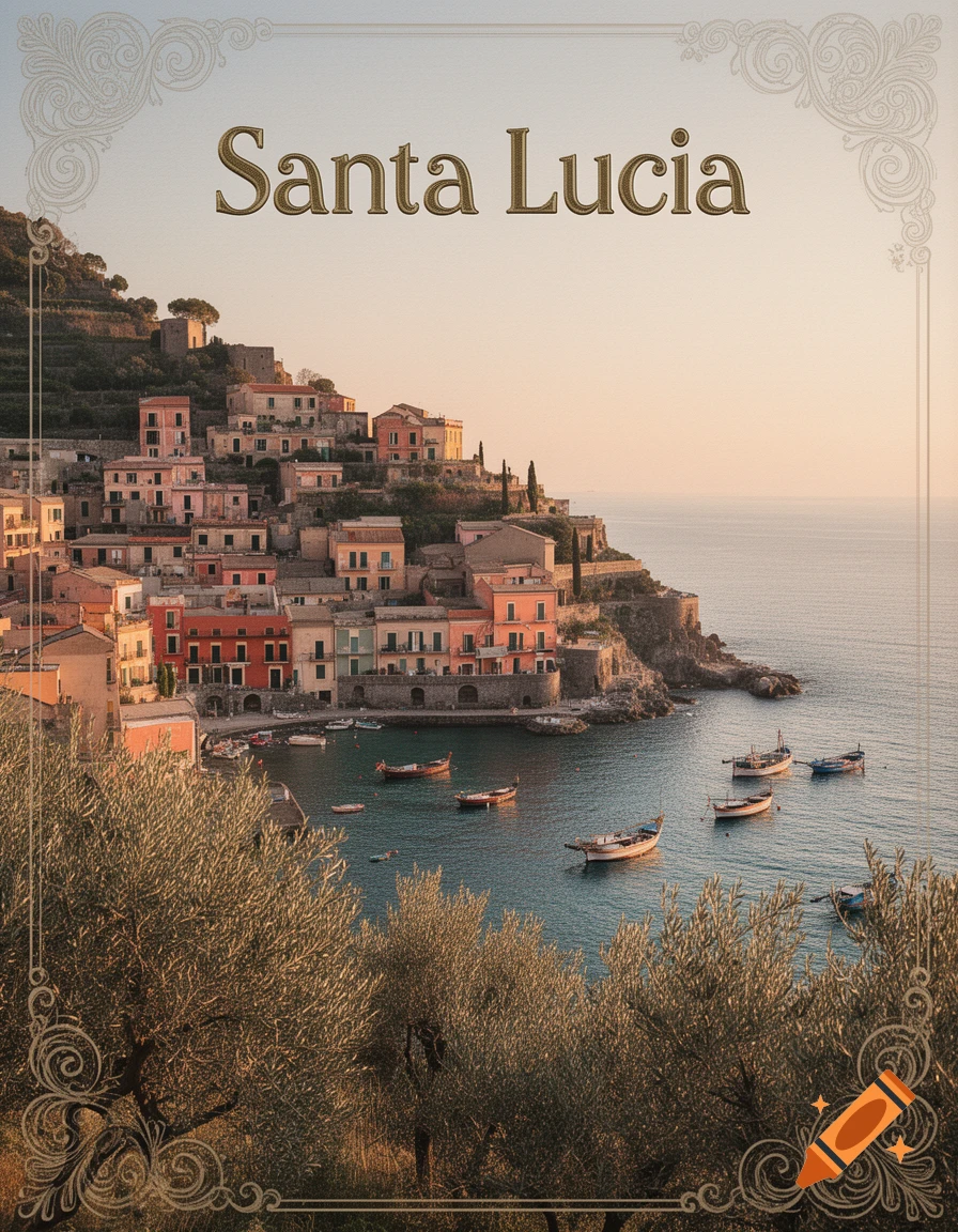 Photorealistic view of a picturesque coastal town on a hillside by a calm bay with boats, framed by olive trees, at sunset. Text reads 'Santa Lucia'.