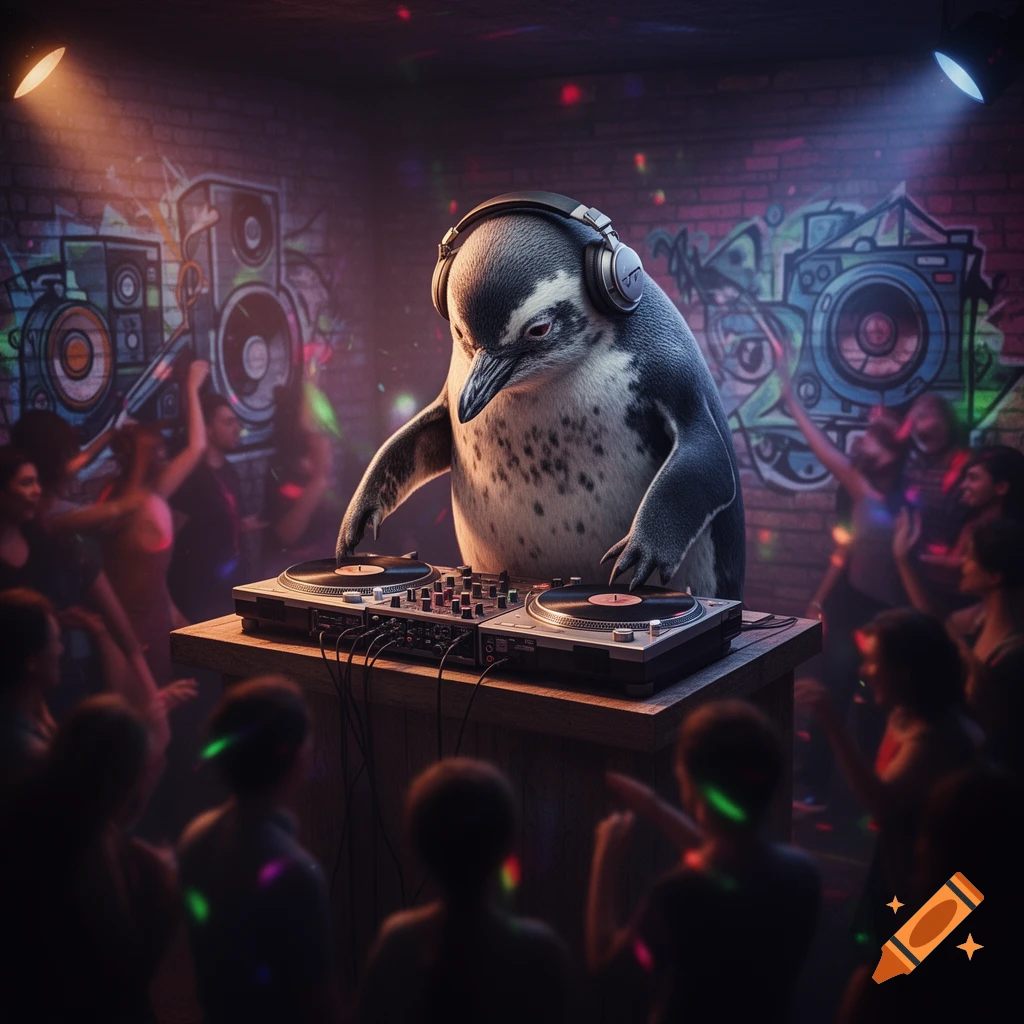 A photorealistic penguin DJ in headphones plays turntables at a dark club with dancing people and colorful lights.