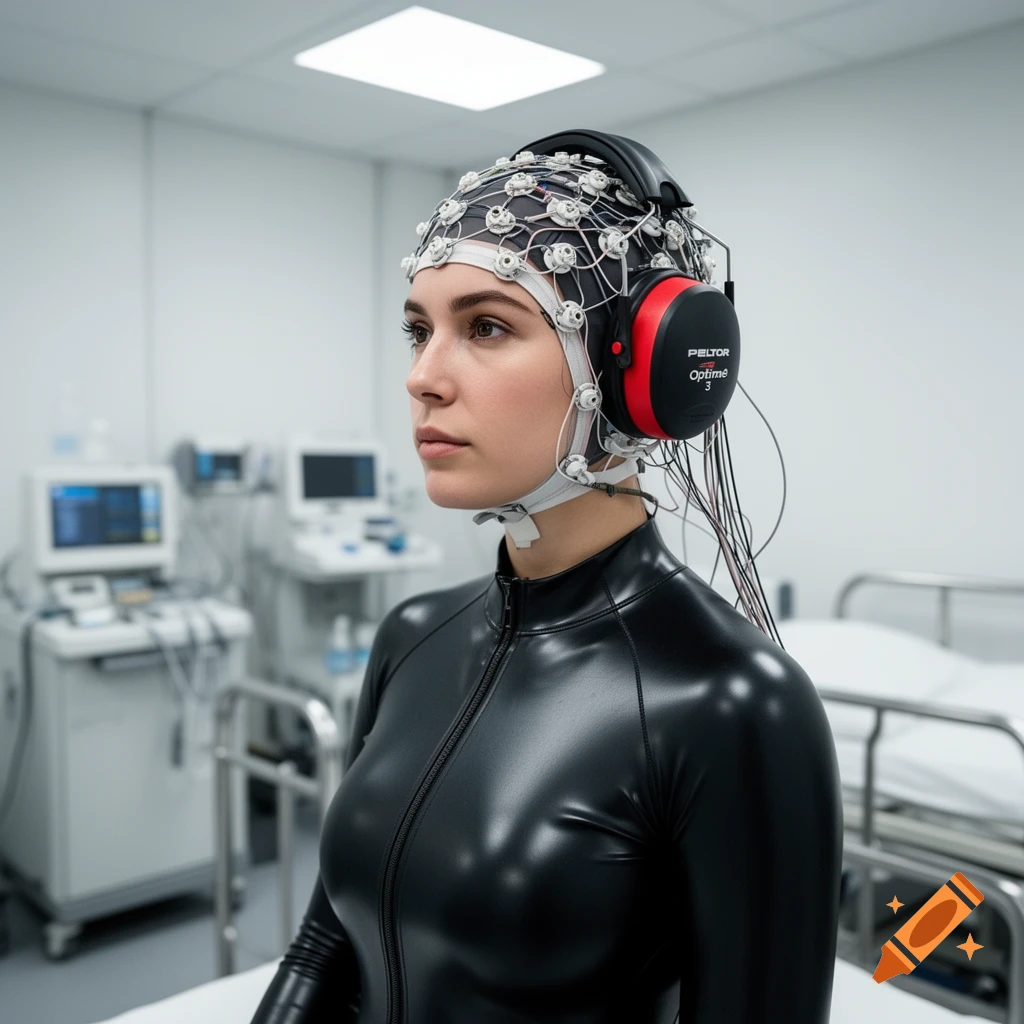 A woman in a black latex skinsuit wears an EEG cap and noise-canceling earmuffs in a medical lab.