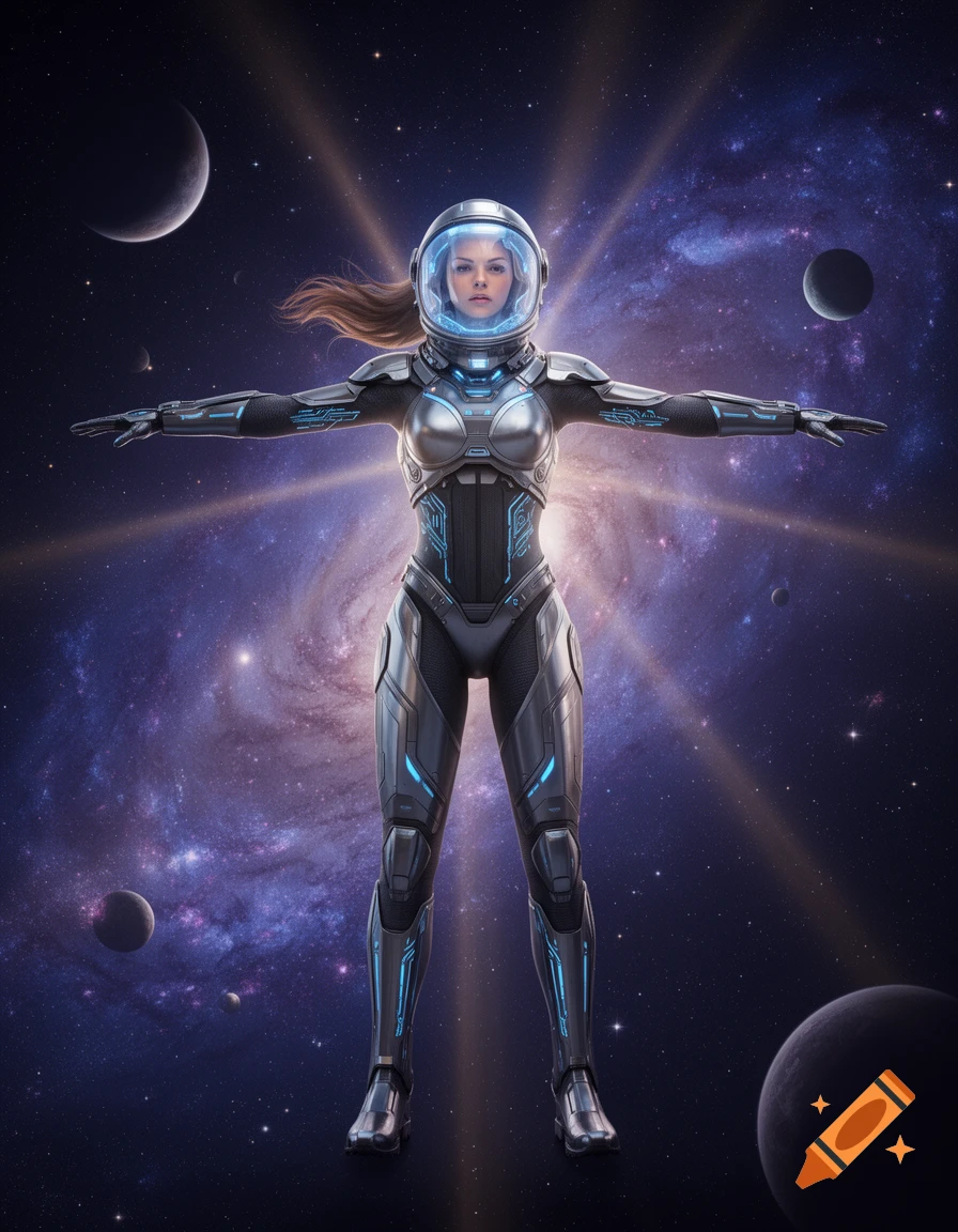 A full-size 3D rendering of a female futuristic space explorer in a T-pose against a galaxy with planets.