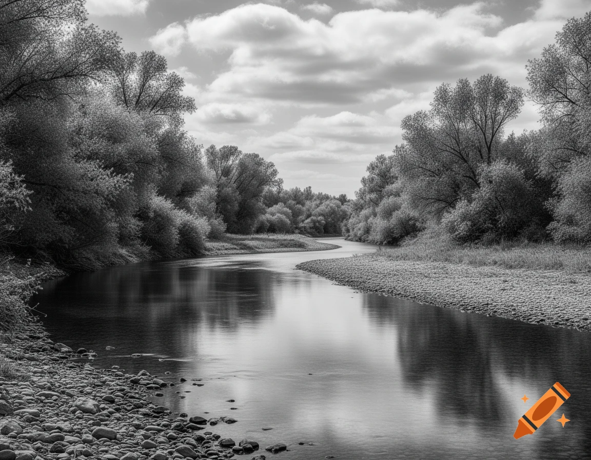 A winding river with a rocky shore and dense trees under a cloudy sky, in black and white.