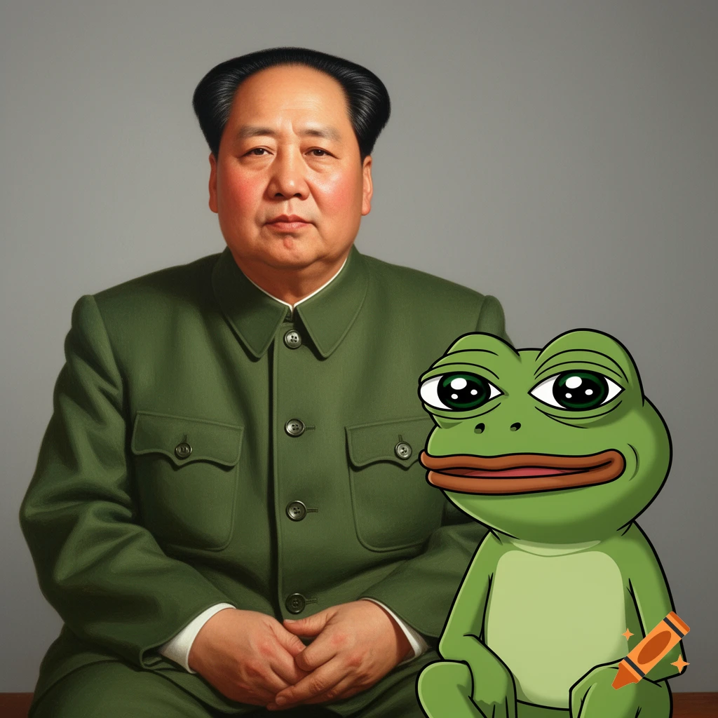 A photorealistic portrait of Mao Zedong in a green uniform, sitting next to a cartoon Pepe the frog.