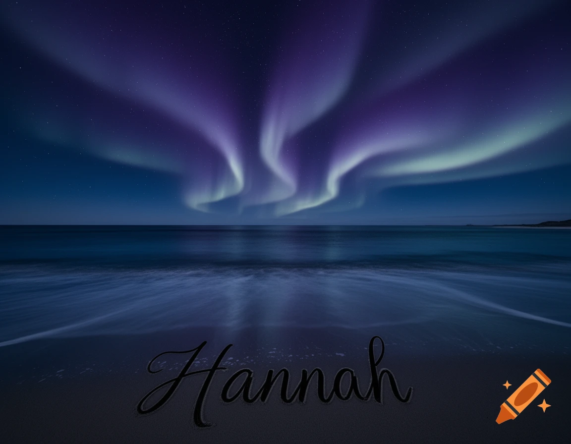 Vibrant purple and green aurora lights up the night sky over a tranquil ocean and sandy beach with 'Hannah' written in the sand.
