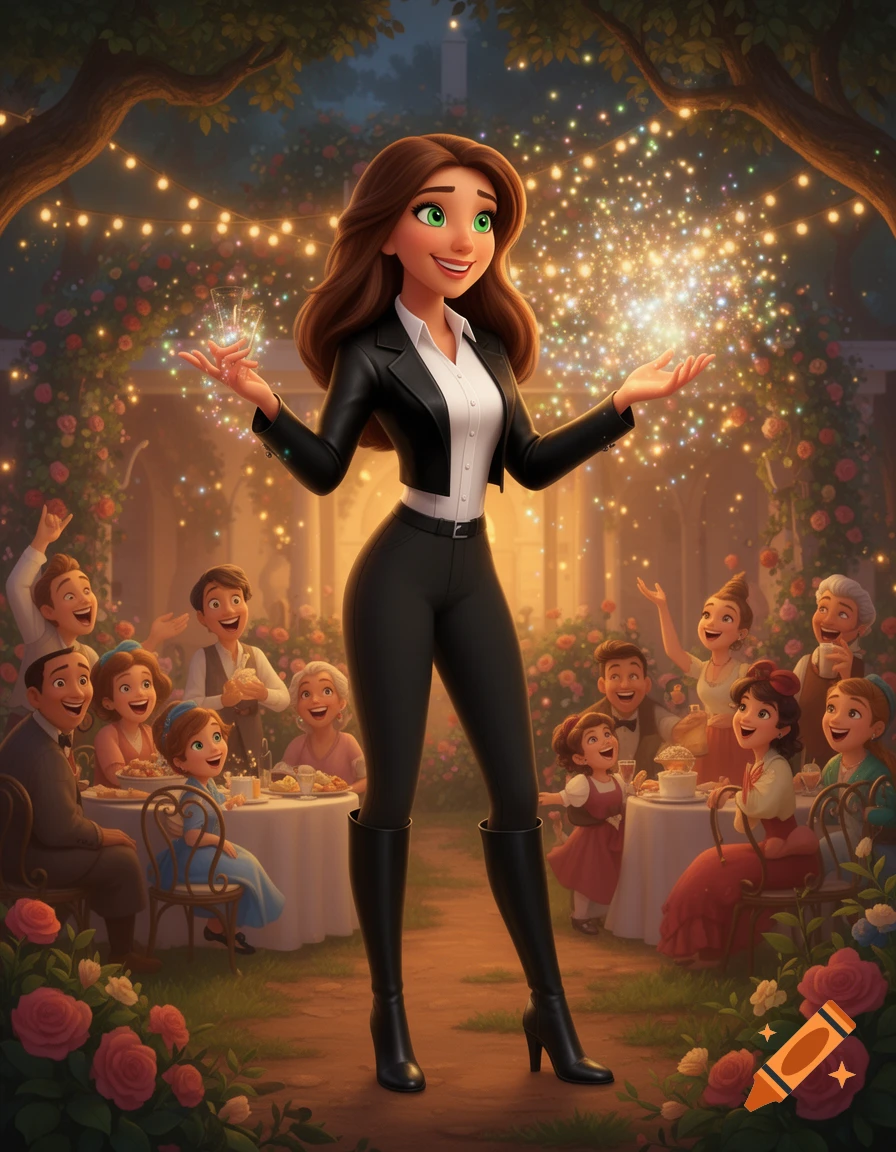 A smiling cartoon woman in a black suit conjures sparkling magic at a lively outdoor garden party.