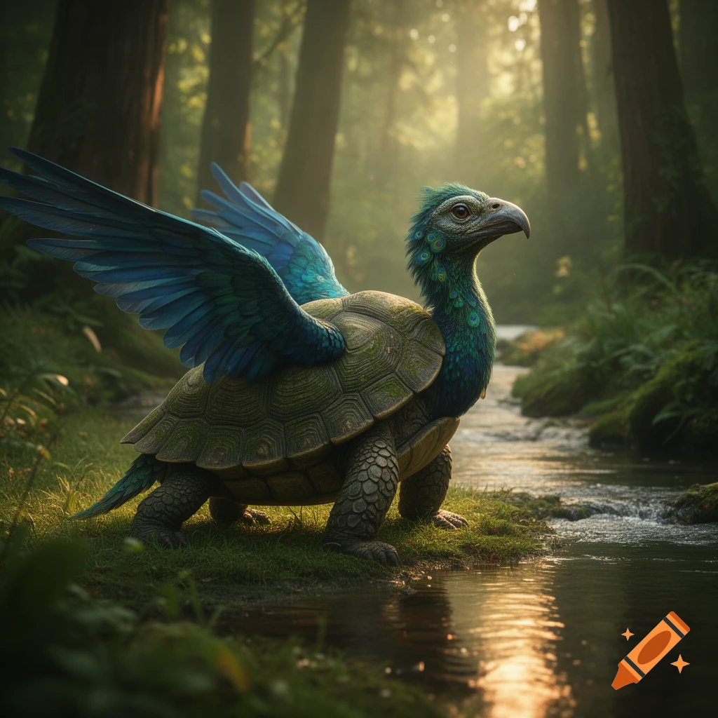 A majestic bird-headed turtle with blue wings stands by a forest stream, bathed in golden sunlight.