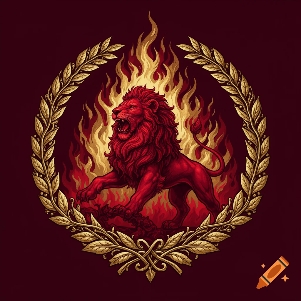 A stylized red lion roaring in golden flames, encircled by a gold laurel wreath on a deep red background.