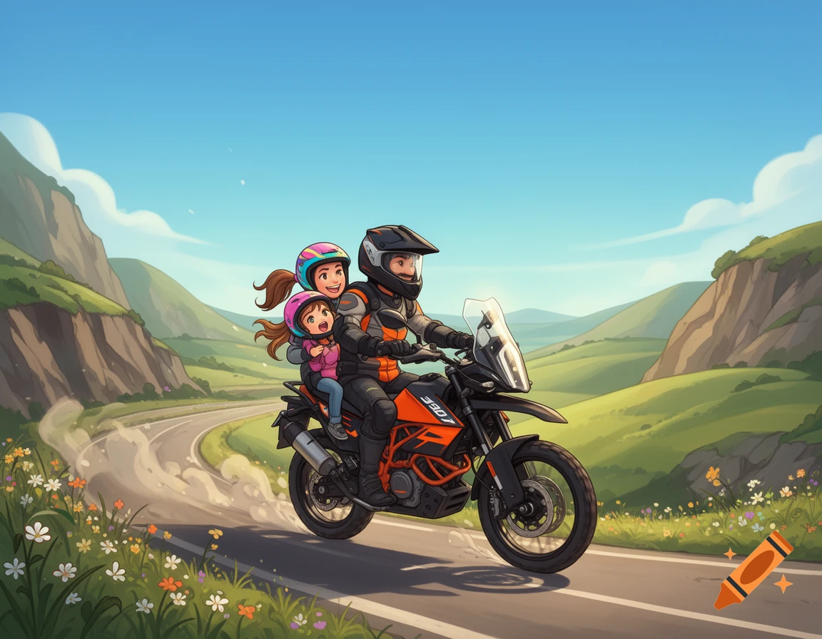 A cartoon family of three rides an orange KTM 390 Adventure dirt bike on a winding mountainous road. Dad drives with mom and daughter behind him, all wearing helmets and smiling.