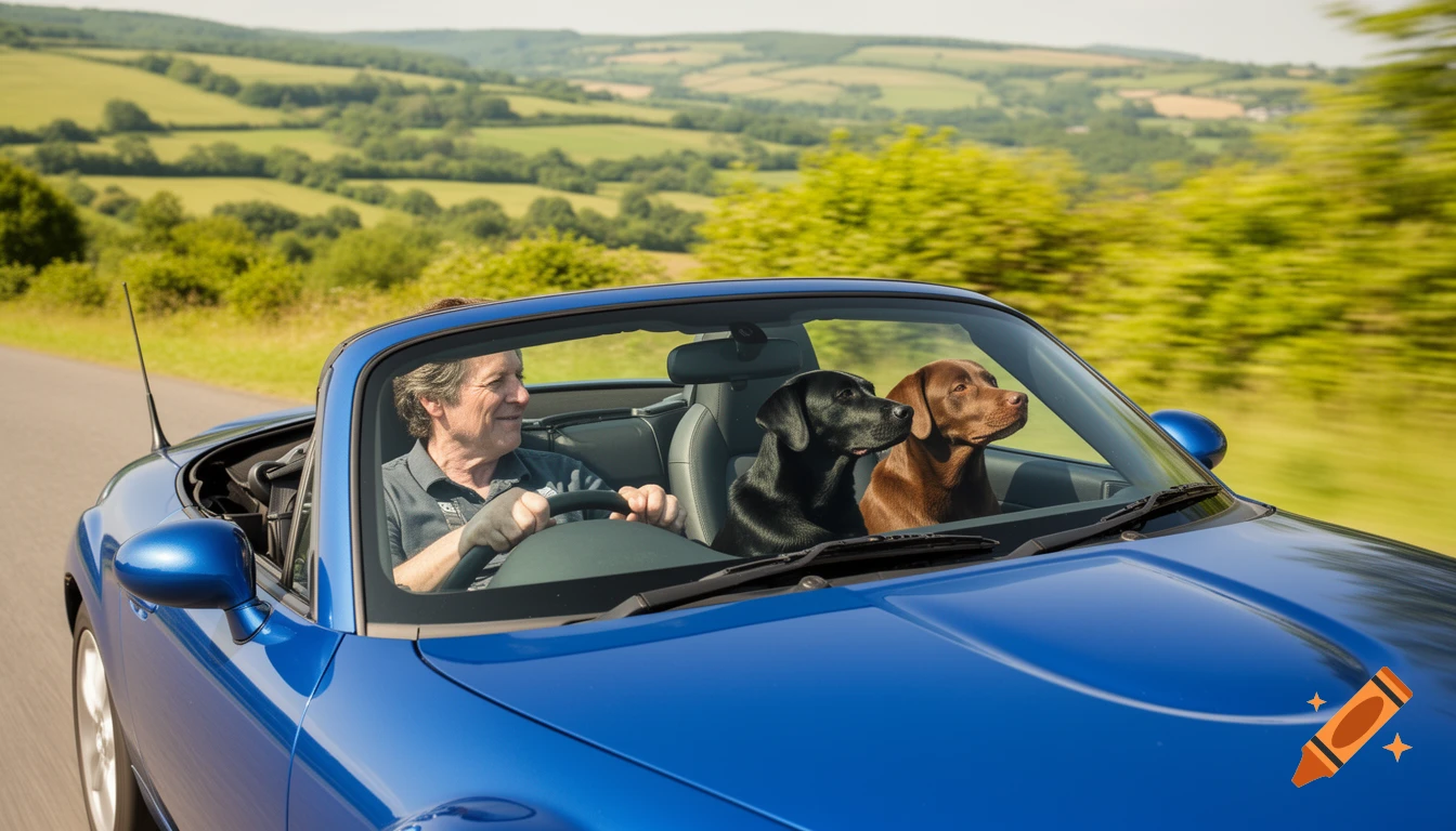 A man drives a blue convertible with a black and a brown Labrador dog in the passenger seat on a country road. Photorealistic.