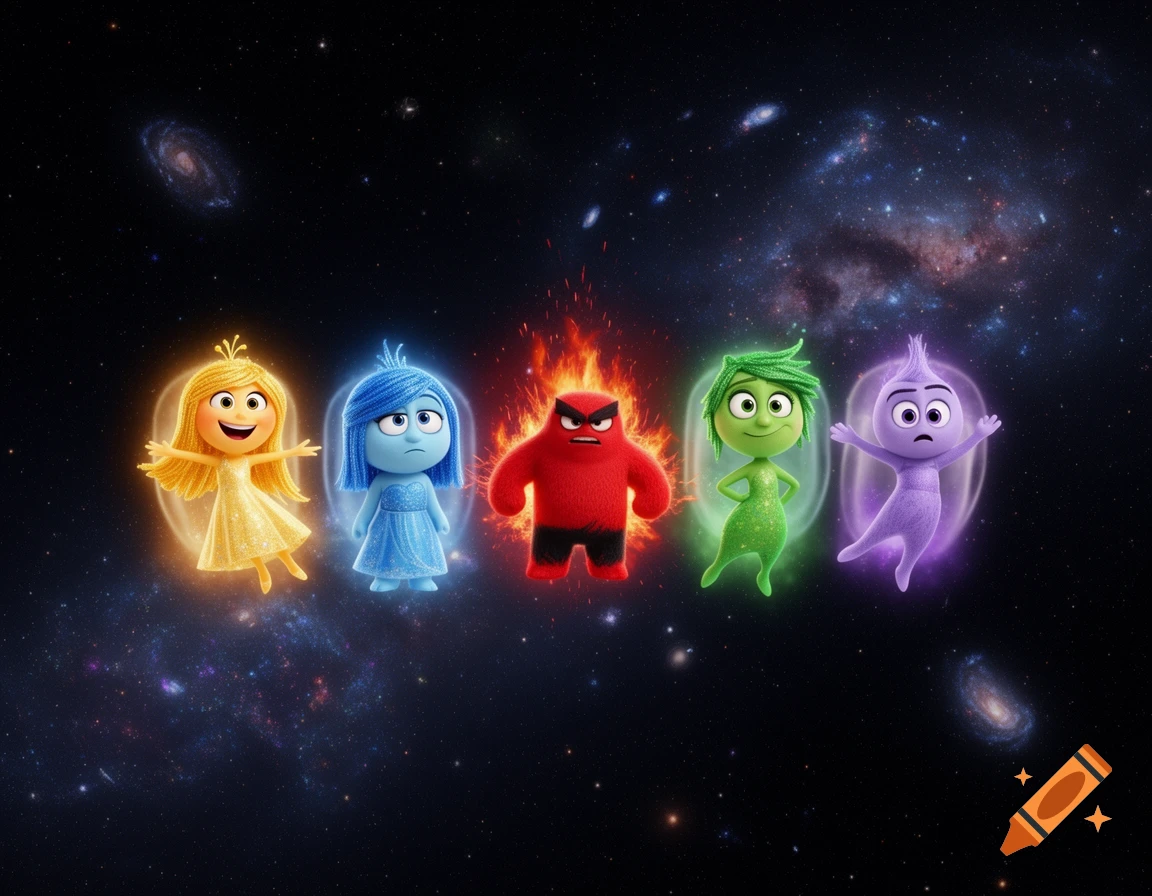 Five colorful cartoon emotions (Joy, Sadness, Anger, Disgust, Fear) from Inside Out float in a cosmic galaxy.