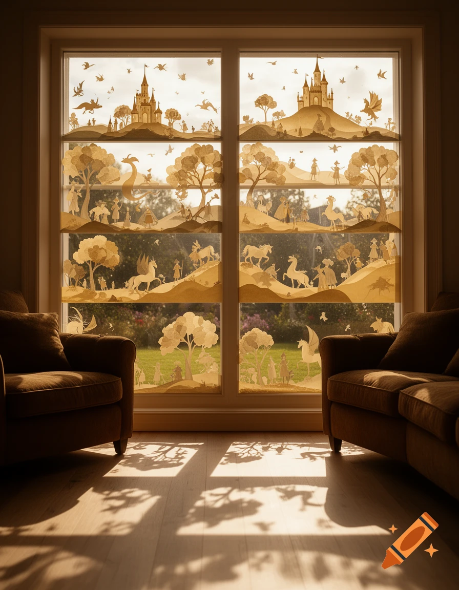 A window with intricate golden paper cut-out blinds showing fantasy scenes of castles, dragons, unicorns, and people, sunlight casting shadows on the floor.