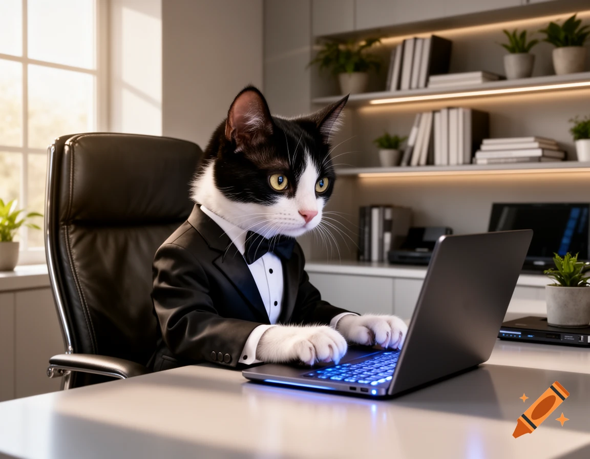 A photorealistic tuxedo cat wearing a suit sits at a desk, typing on a glowing laptop in a modern office.