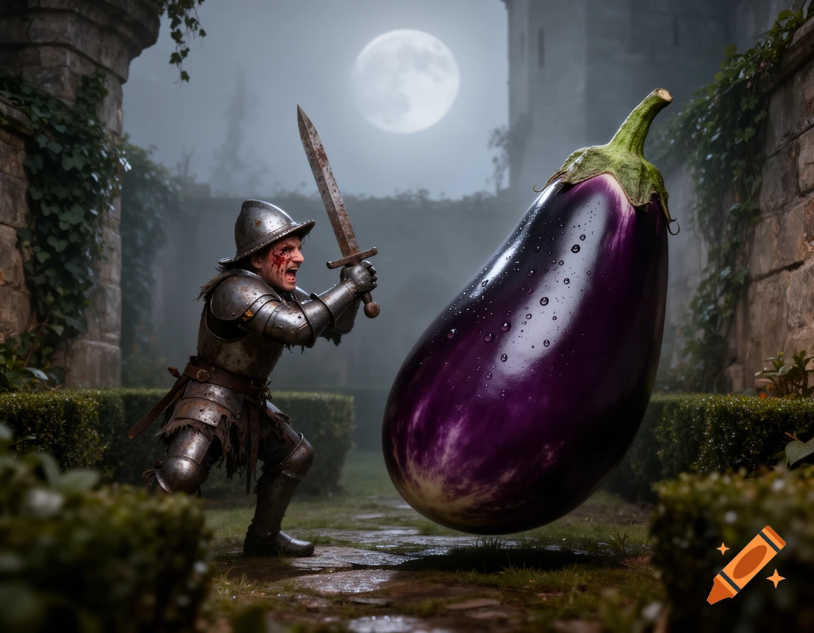 An armored knight with a bloody face attacks a giant, wet purple eggplant in a misty castle courtyard under a full moon.