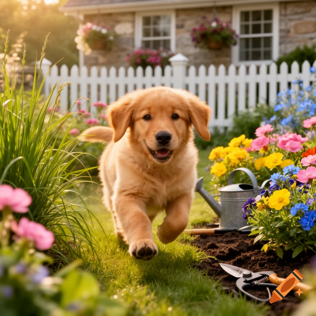 A fluffy golden retriever puppy joyfully runs through a vibrant flower garden with a white picket fence and house, bathed in golden sunlight.