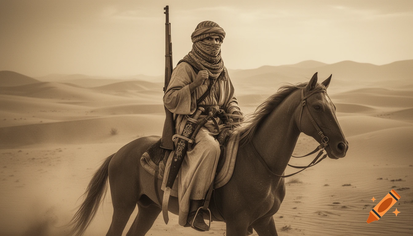 Sepia-toned historical illustration of a bedouin warrior on an Arabian horse, with a rifle and scimitar, in a vast desert landscape.