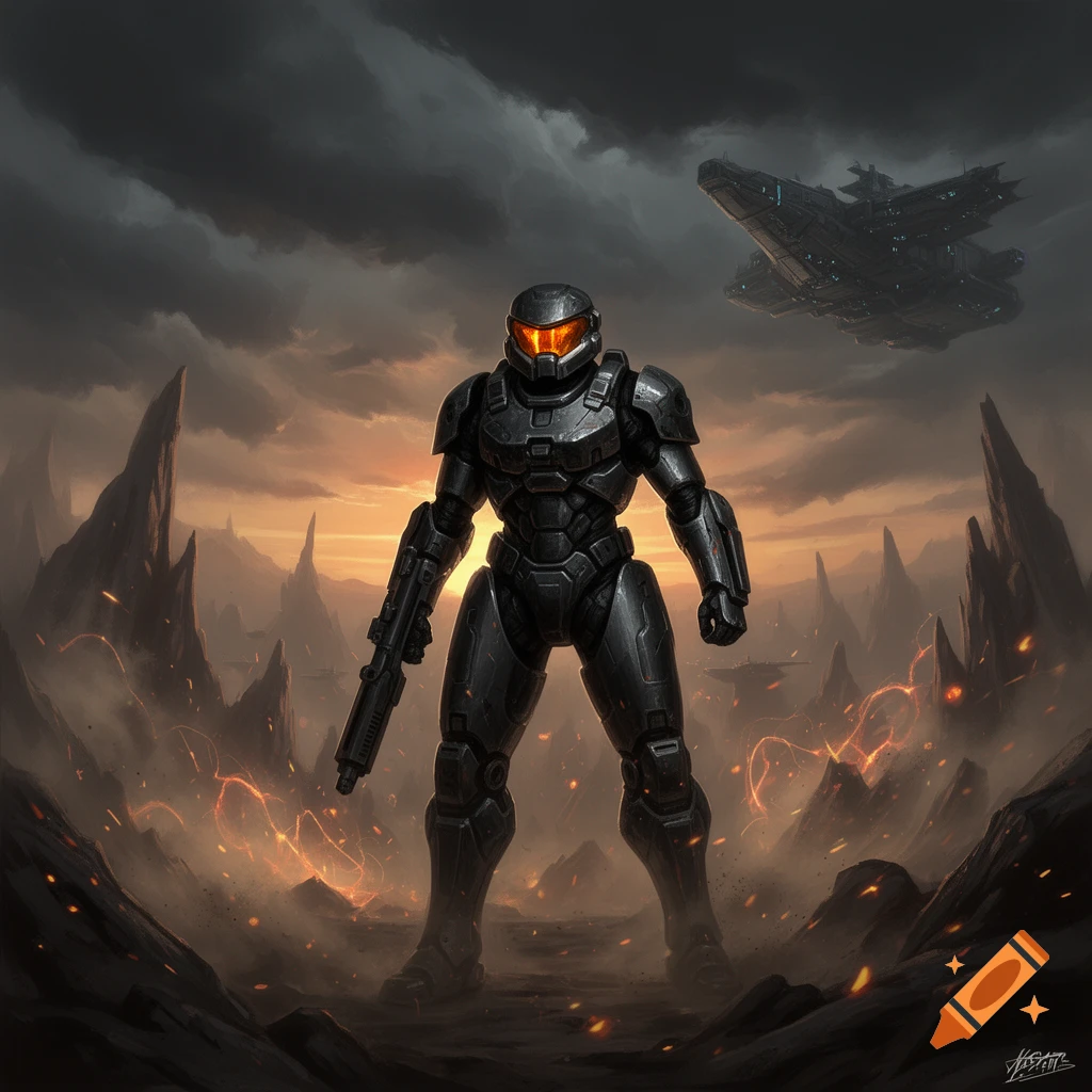 A futuristic dark armored space trooper stands on a desolate, fiery alien landscape under a cloudy sunset sky, with a large spaceship overhead.